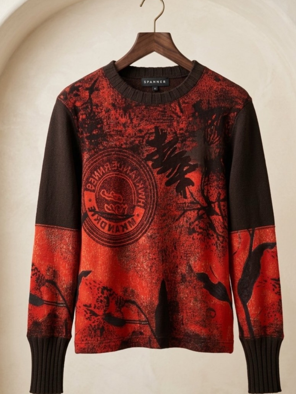SPANNER Red and Black Graphic Crewneck Sweater